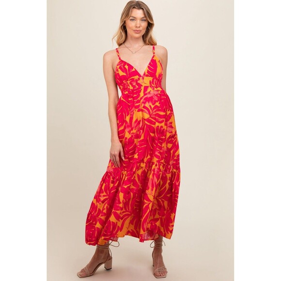 Dress Forum LA Palm Print Tiered Dress Orange + Pink Adjustable Straps Medium - Picture 8 of 10